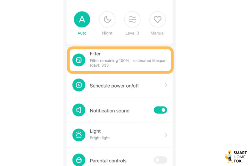 Die Filterlebensdauer des Xiaomi Mi Air Purifier Pro H Luftreinigers wird in der Xiaomi Home App angezeigt